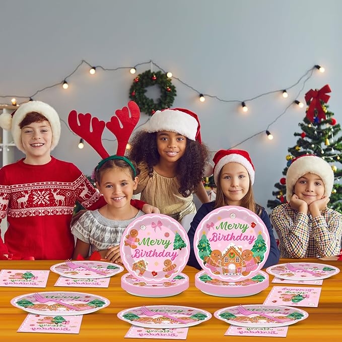 96 Pcs Gingerbread Birthday Party Plates Napkins Tableware Set Pink Christmas Party Supplies Disposable Dinnerware Merry Birthday Decoration Favors for Winter Xmas Baby Shower Holiday, 24 Guests