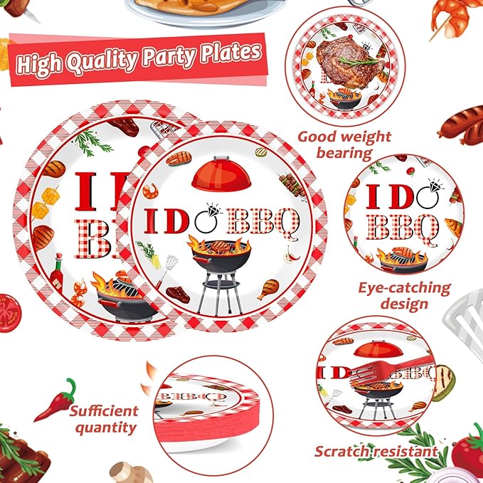 Wiooffen 96 Pcs BBQ Bachelorette Party Plates Napkins Tableware Set I Do BBQ Party Supplies Disposable Red and White I Do Dinnerware for Summer Wedding Engagement Bridal Shower Supplies, 24 Guests