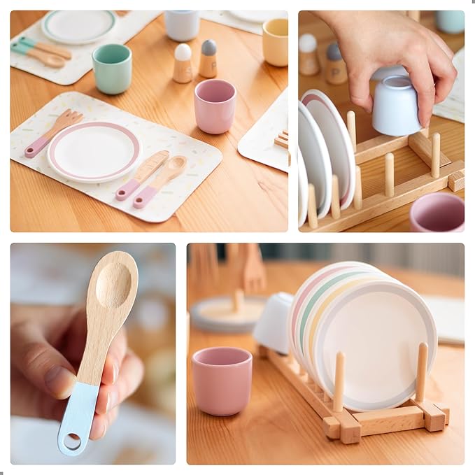 UMU® Large Wooden Dish Set – 28-Piece Tableware for Kids' Play Kitchen with Plates, Cups, Cutlery & Drying Rack – Pretend Play Kitchen Accessories for Children Ages 3 4 5 6