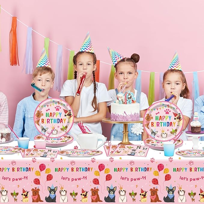 41PCS Pink Dog Birthday Party Decorations Set Puppy Party Supplies Including Dog Girl Party Plates Napkins Tablecloth Serves 20 Guests for Dog Birthday Parties Decorations