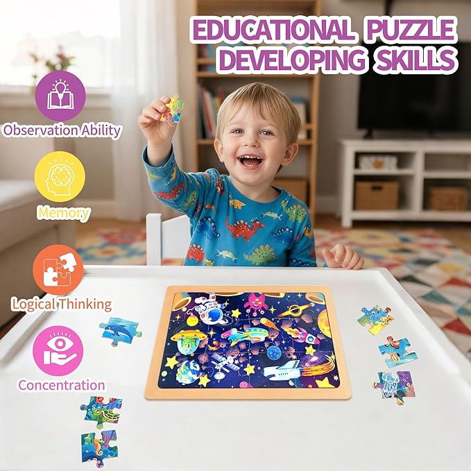 Wooden Puzzles for Toddler Ages 3+, 12 Piece Vehicle Farm Space Ocean Jigsaw Puzzles for Kids 4 Packs, Preschool Toddlers Learning Activity Puzzles Toys for Boys Girls 3 4 5 6 Years Old