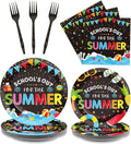 96 Pieces End of School Year Theme Tableware Set for Kids Class Summer Table Decorations Supplies School's Out Dessert Plates Napkins Forks for 24 Guests Tropical Beach Pool Disposable Party Favors