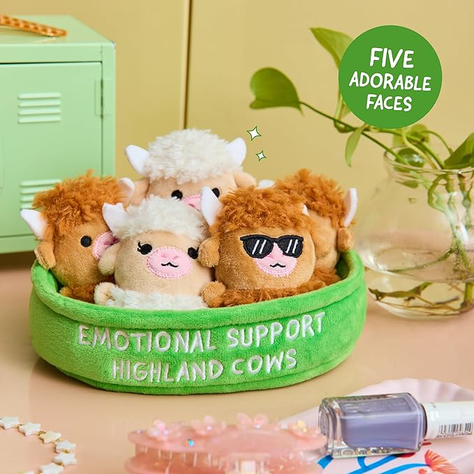 Emotional Support Highland Cows by Relatable, Cuddly Stuffed Animals and Plushies Set, Small Gifts for Mom, Includes 5 Highland Cows Plush Toys with Carrying Basket
