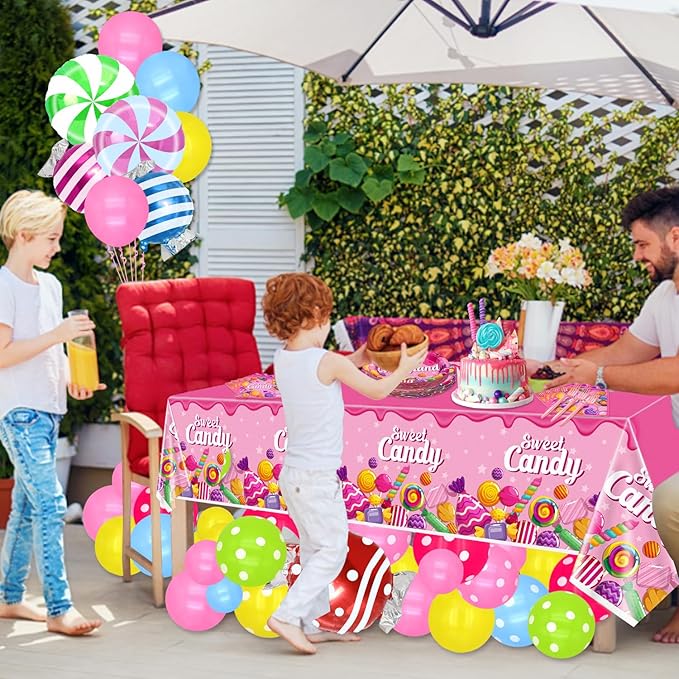 Candyland Party Decorations - 81Pcs Plates, Napkins, Candy Tablecloth, Pink Forks Set for Lollipop Theme Birthday Party Decorations Candy Theme Party Supplies, Serve 20