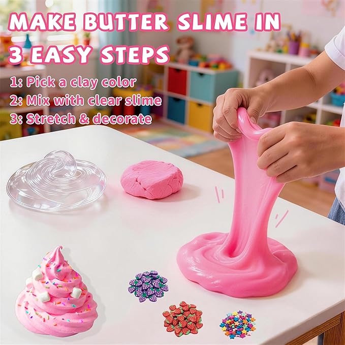 Clear Slime and Foam Clay Kit for Kids, 17 Fl Oz Premade Clear Slime with 10 Color Foam Clay, Charms, Sprinkles and 5 Storage Containers, DIY Butter Slime Craft Toy for Girls and Boys