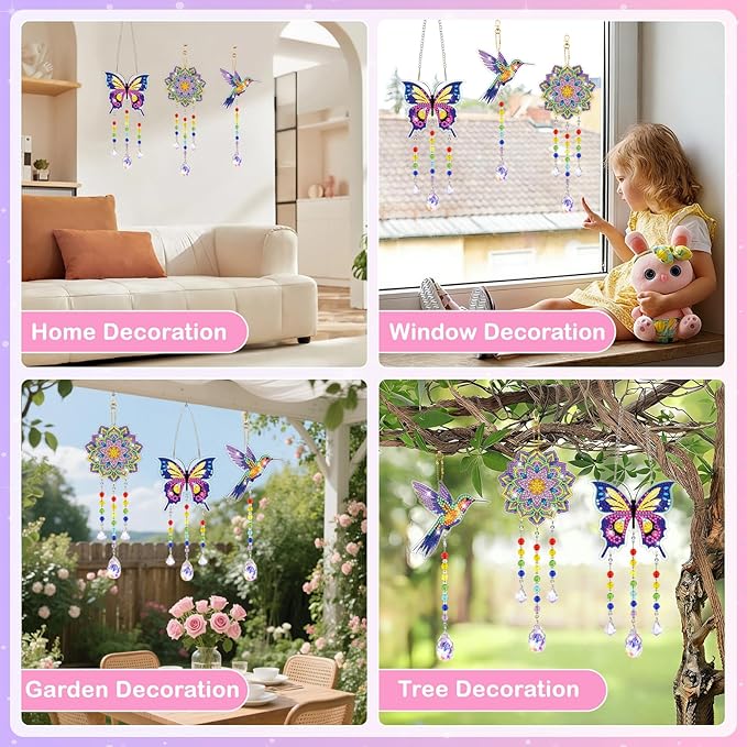 Arts and Crafts for Kids Ages 8-12, Diamond Art Kits for Kids Birthday Gifts for 5 6 7 8 9 10 11 Year Old Girls Diamond Painting Kits for Adults Teen, Gem Art Suncatcher Wind Chime for Home Garden