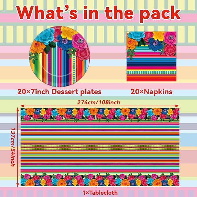 Mexican Party Decorations Fiesta Party Plates and Napkins Taco Birthday Supplies Mexican Paper Cake Dessert Disposable Tableware Set Table Cover Flowers Fiesta Tablecloths