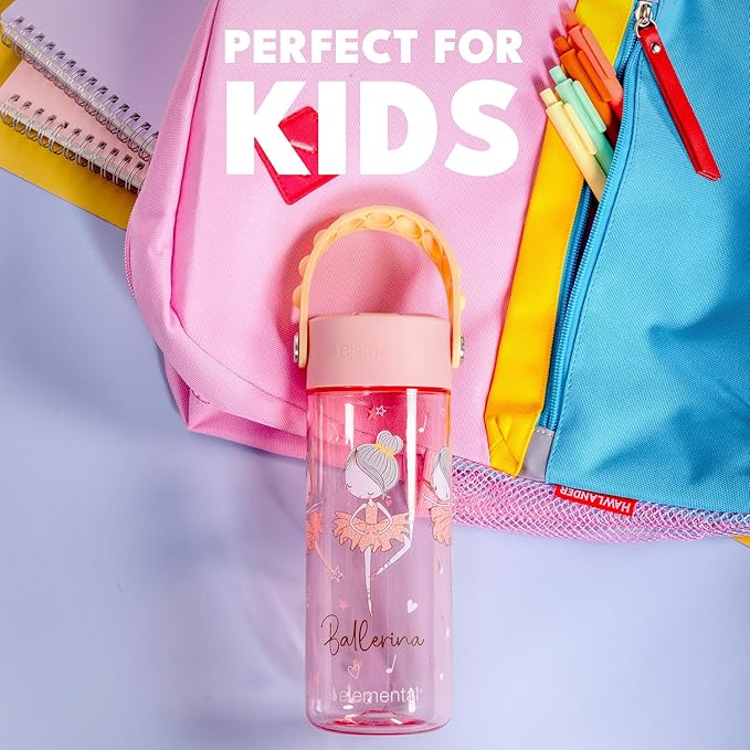 Elemental Water Bottles for Kids - Splash Kids Water Bottle for School with Pop-it Handle - BPA Free Tritan Plastic Water Bottle with Straw Leak Proof when Spout is Closed - Ballerina - 18oz