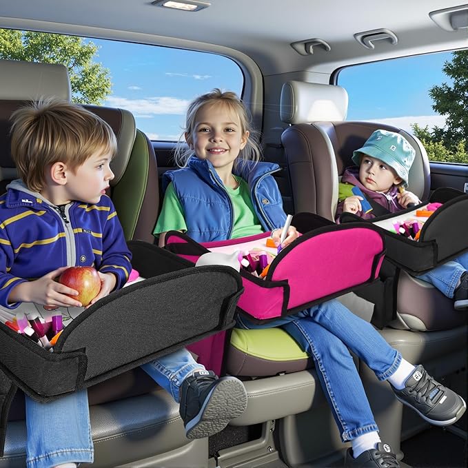 3Pcs ‎Kids Travel Tray, Kids Travel Trays for Car Seat, Road Trip Essentials for Toddler, Carseat Lap Tray with Dry Erase Board & Storage Organizer for Road Trip Activities for Kid, 2Black+1Pink