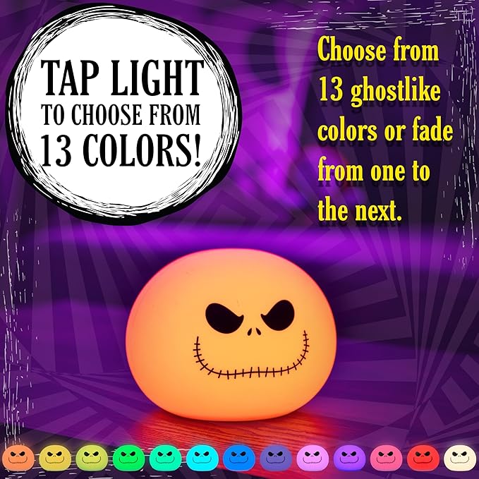 Disney Jack Skellington Squishy Light - Color-Changing Night Light for Kids & Adults, USB/Battery Operated Dimmable Lamp, Halloween & Christmas, Perfect for Bedroom, Playroom, Living Room (82503)