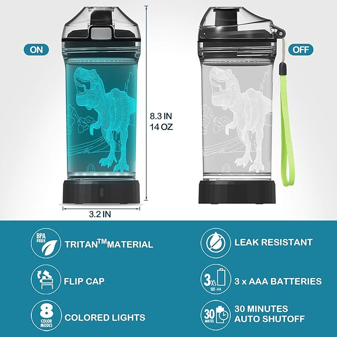 YuanDian Light Up Kids Water Bottle with 3D Dinosaur Tyrannosaurus Rex Design- 14 OZ Tritan BPA Free - Cool Drinking Cups Gift for School Kids Boy Girl Child Christmas Holiday