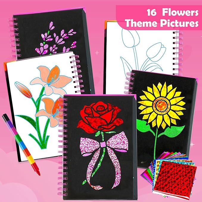 FUNNYB&G Foil Art Crafts for Kids Ages 4-8: Mother's Day 2026, Birthday Gift for Girls, Art and Crafts Supplies, Party Favors, Creative Toys for Girls 4 5 6 7 8 9 Years Old(Flower)