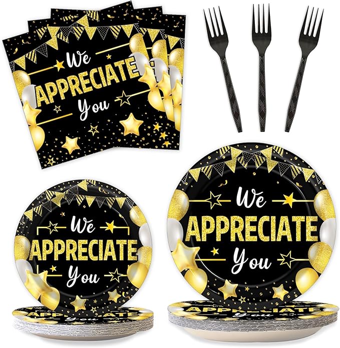 96Pcs We Appreciate You Party Plates and Napkins for Employee Staff Appreciation Black Gold Supplies Work Anniversary Themed Plate Thank You Tableware Set for Teacher 24 Guests Party Decorations