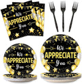 96Pcs We Appreciate You Party Plates and Napkins for Employee Staff Appreciation Black Gold Supplies Work Anniversary Themed Plate Thank You Tableware Set for Teacher 24 Guests Party Decorations