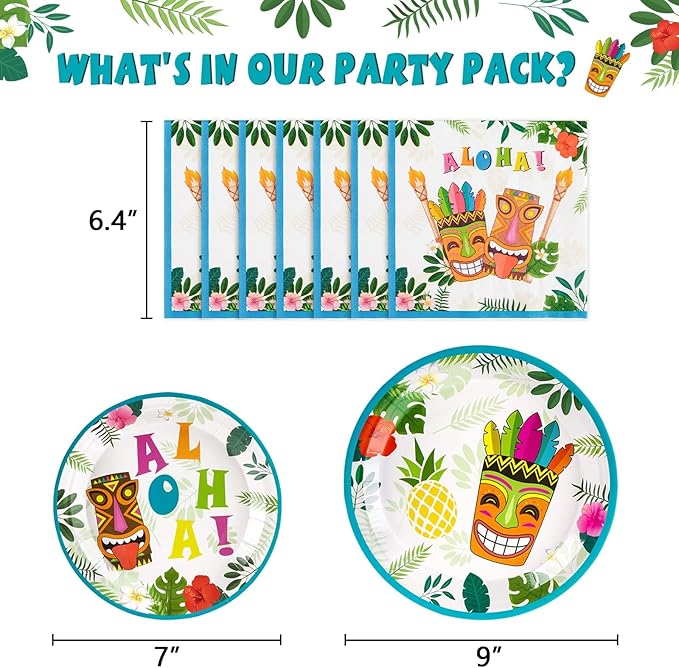 WERNNSAI Hawaiian Luau Party Supplies - 48 PCS Luau Plates And Napkins Tropical Tiki Birthday Decorations Hawaiian Paper Plates Tableware Set for Summer Pool Beach Party Serves 16 Guests