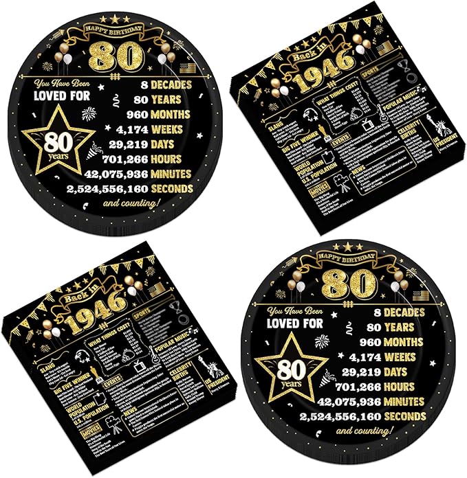 50 Pcs Black Gold 80th Birthday Party Paper Plates and Napkins Back in 1946 Dessert Cake Plates Black Gold 80 Year Old Theme Decorations 1946 Tableware Set Serves 25 Guest 80th Birthday Party Supplies