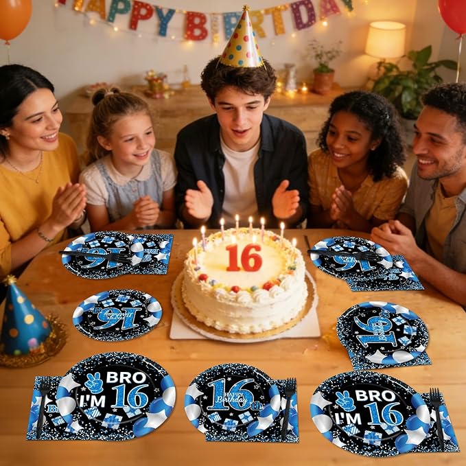 Qyeahkj 100 Pcs 16th Birthday Decorations for Boys Official Teen Supplies Plate Napkin Forks Set Disposable Blue 16th Birthday Tableware Paper Plates Dinnerware for Kids Teenager Favors Serve 25