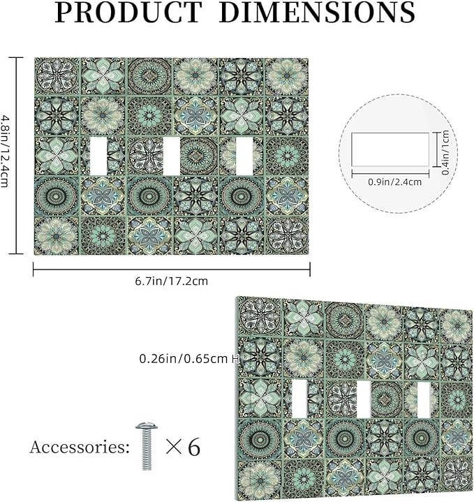 Moroccan Mandala Tile Floral Talavera Tiles Decorative Switch Plates 3 Gang Wall Plate Triple Toggle Light Switch Cover Faceplate Electrical Wall Panels for Bathroom Kitchen Decor