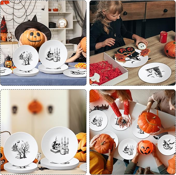 4 Set 10 Inch Halloween Gothic Plates Melamine Halloween Dinnerware Set Reusable Skull Candle Bat Tombstone Crow Melamine Plate Dishwasher for Toddlers Creatively Drop Resistant Cute Plastic Dish