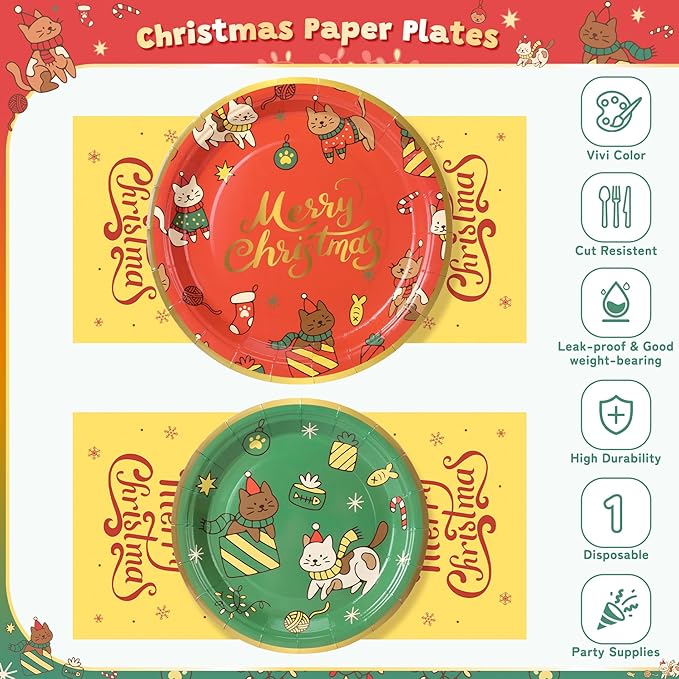 72PCS Christmas Plates and Napkins for Party Decorations, Set of 24 Merry Christmas Disposable Tableware Supplies, Cute Cats Themed Christma Paper Plates for Xmas Party