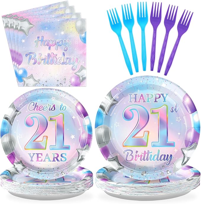 Grencian 96Pcs 21st Birthday Decorations Iridescent 21st Birthday Party Plates Disposable 350GSM Cheers to 21 Years Paper Tableware Set for Girls Women 21 Years Old Party Supplies Serves 24