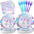 Grencian 96Pcs 21st Birthday Decorations Iridescent 21st Birthday Party Plates Disposable 350GSM Cheers to 21 Years Paper Tableware Set for Girls Women 21 Years Old Party Supplies Serves 24