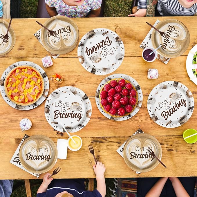 Grencian Love is Brewing Bridal Shower Decorations - 96Pcs Coffee Themed Bridal Shower Love is Brewing Plates and Napkins Disposable Tableware for Girls Wedding Engagement Party Decorations Serve 24