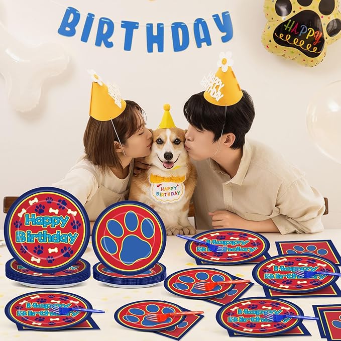 96 Pcs Cartoon Dog Birthday Party Plates and Napkins Paw Print Party Decorations Puppy Theme Supplies Lets Pawty Paper Dessert Plates Tableware Set for Kids Boy Girl Baby Shower 24 Guests