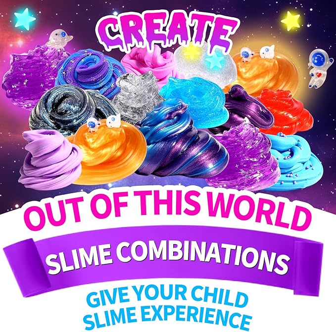 Mini Galaxy Slime Kit, with Glow in The Dark Stickers,Making Butter Slime, Dark Powder to Make Glitter & Galactic Slime, Stress Relief Toys, Party Favors for Kids, for Girls Boys 6 7 8 9 10 11 12