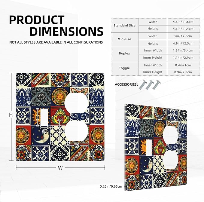 Mystic Boho Blue/Red Hippie Sun and Moon Mosaic 2-Gang 1-Toggle 1-Duplex Device Combination Wallplate Mexican Talavera Tile One Toggle Switch and One Duplex Receptacle Outlet Combo Light Switch Cover