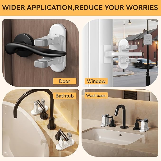4 Pack Door Lever Locks for Kids Safety, Strong 3M Adhesive Baby Proofing Door Handle Locks, Durable ABS Child Locks for Doors, Windows, Faucets, No Tools Needed or Drill (White-4Pack)