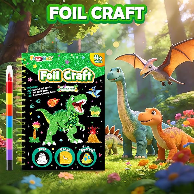 FUNNYB&G Foil Art Crafts for Kids Ages 4-8: Mother's Day 2026, Birthday Gift for Boys, Art and Crafts Supplies, Party Favors, Creative Toys for Boys 4 5 6 7 8 9 Years Old (Dinosaur World)