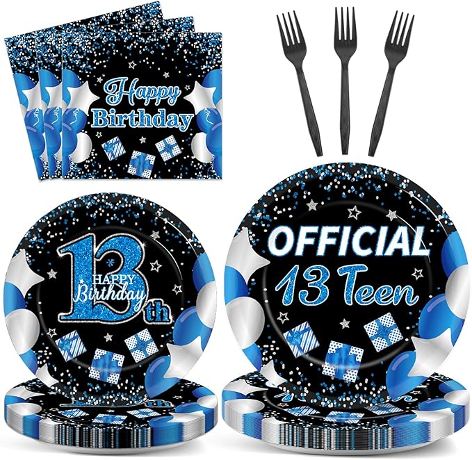 100 Pcs 13th Birthday Decorations for Boys Official Teen 13th Supplies Plates Napkins Forks Set Disposable Blue 13th Birthday Tableware Paper Plates Dinnerware for Kids Teenager Favors Serve 25