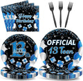 100 Pcs 13th Birthday Decorations for Boys Official Teen 13th Supplies Plates Napkins Forks Set Disposable Blue 13th Birthday Tableware Paper Plates Dinnerware for Kids Teenager Favors Serve 25
