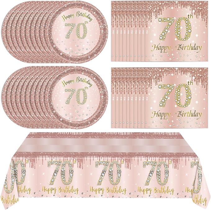 Ryzovo 41Pcs 70th Birthday Decorations, Rose Gold Birthday Party Supplies Include 20Pcs Plates 20Pcs Napkins and 1Piece Tablecloth, Sweet Seventy Year Old Birth Party Tableware for Girl Ladies Women