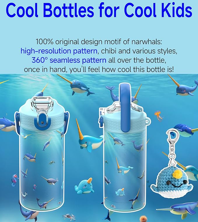 MYFOREST 14oz/400ml Insulated Kids Water Bottle, Odor-Free Surgical Grade Liner, Dishwasher-Safe, Name Spot, Soft Sipper, Gift for Thalassophile (Ocean. Narwhals)