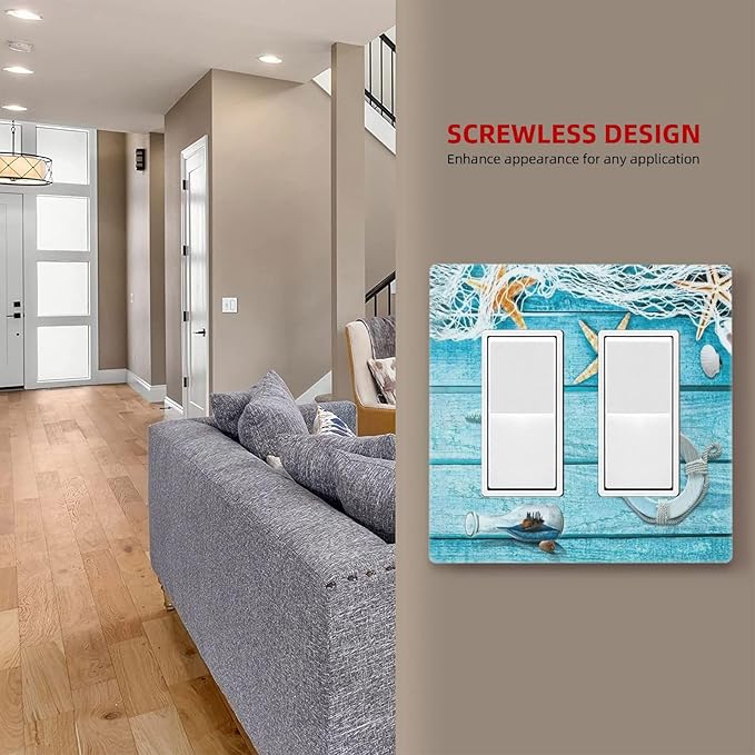 Nautical Turquoise Teal Beach Fishing Net Wood Plank 2 Gang Double Rocker/Gfci Outlet Light Switch Cover Aqua W ooden Decorative Dual Device Decorator Wall Plate Screwless for Receptacle Dimmer Cover