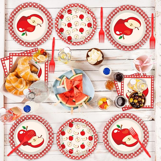 Qyeahkj 100 Pcs Apple Party Supplies Back to School Plates and Napkins Fruit Themed Decorations Apple Birthday Tableware Set Disposable Dinnerware Decor Serves 25 Guests