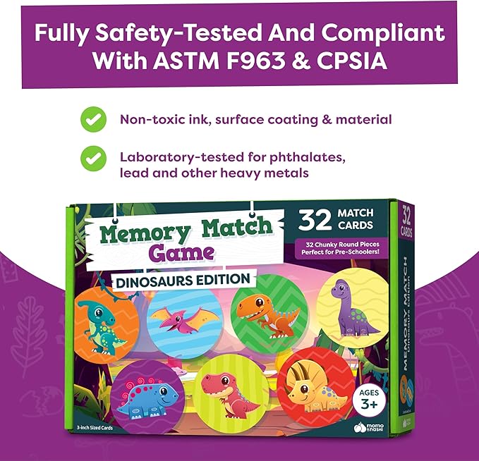 Momo & Nashi Dinosaur Toys for Kids 3-5 Matching Game - 32pc Dinosaur Games for Kids Memory Game - Kindergarten Preschool Educational Toys - Gifts for 3 Year Old Boys & Girls