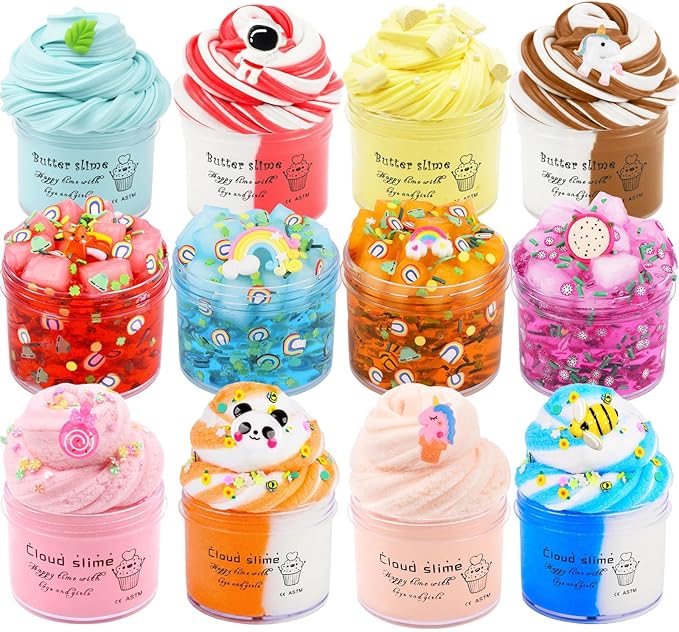 Slime Kit 12 Pack - 4 Jelly Cube Crunchy, 4 Butter, 4 Cloud Slime - Soft Stretchy Stress Relief Toy for Kids, Birthday Party Favors for Boys & Girls, Halloween, Classroom, Easter & Treat Bags