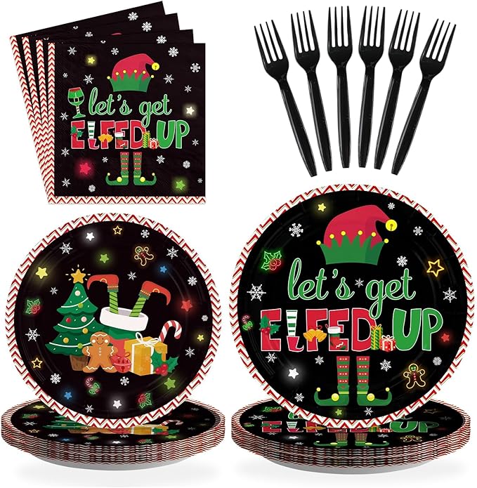 Greencian 96Pcs Winter Let's Get Elfed Up Party Decorations Santa Elf Paper Plates and Napkins Merry Christmas Disposable Tableware for Xmas Elf Party Decorations Supplies Serve 24