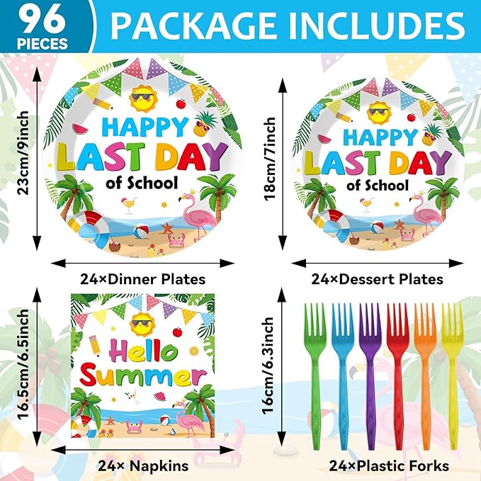 96 Pcs Happy Last Day of School Paper Party Plates and Napkins for Summer Tropical Beach Pool Supplies Summer End of School Year Dessert Tableware Set for 24 Guests Birthday Party Decorations