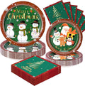 72PCS Christmas Plates and Napkins for Party Decorations, Set of 24 Merry Christmas Disposable Tableware Supplies, Green Red Themed Snowman Paper Plates for Xmas Party