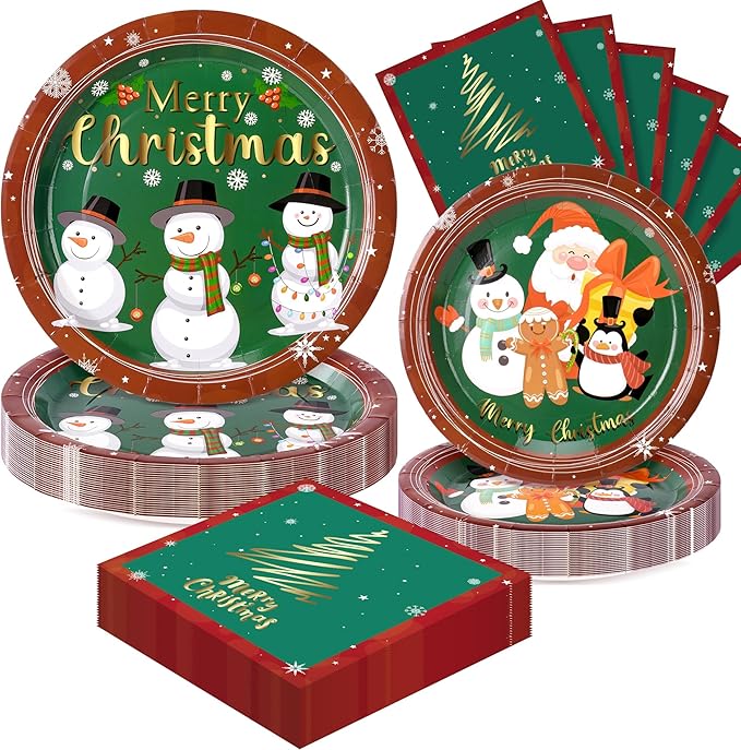 72PCS Christmas Plates and Napkins for Party Decorations, Set of 24 Merry Christmas Disposable Tableware Supplies, Green Red Themed Snowman Paper Plates for Xmas Party