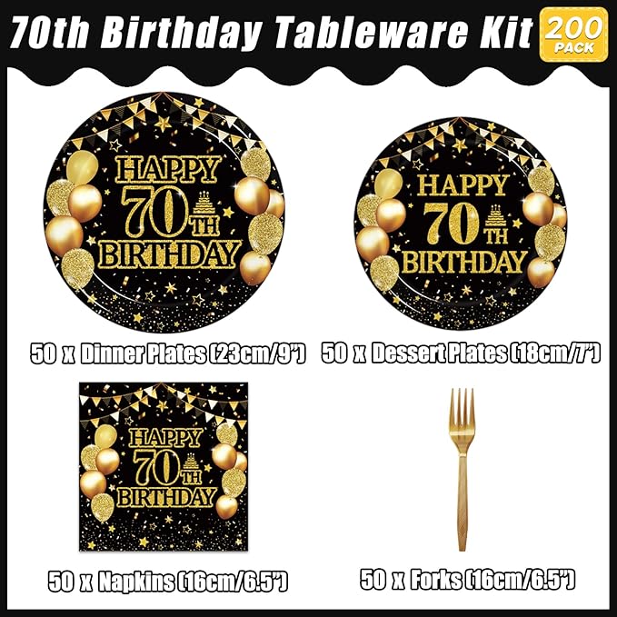 Kepeel 200Pcs 70th Birthday Party Tableware Set, Back in 1956 Birthday Party Decorations Supplies for Men Women Cheers to 70 Years Disposable Paper Plates Napkins Forks Favors, Serve 50