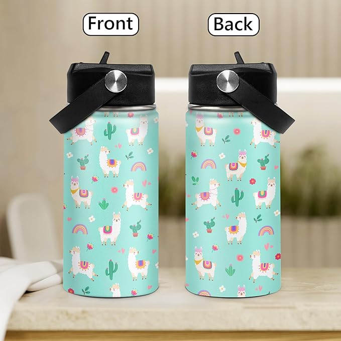 Kids Water Bottle Alpaca Llama Water Bottles 12oz with Straw Insulated Stainless Steel Travel School Tumbler Double Wall Vacuum Cup for Girls Kid