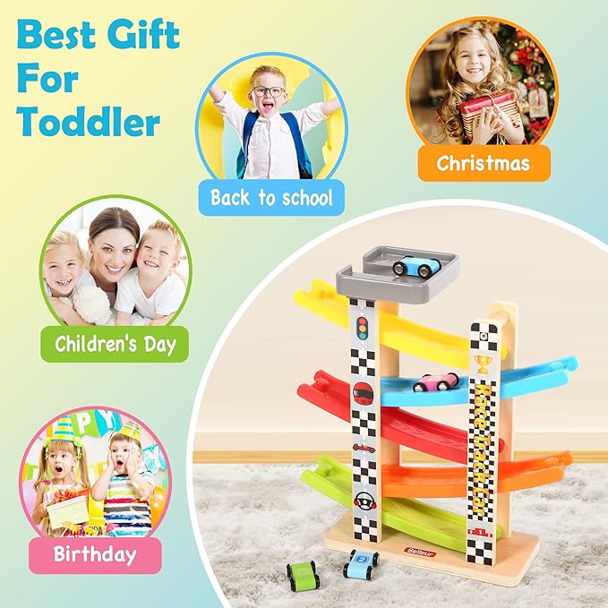 Belleur Montessori Toy for 1-3 Years Old Boys and Girls, Kid Race Track Car for Toddlers with 5 Mini Cars & 5 Ramps, Wooden Montessori Car Ramp Toy Set for Babies' Birthday Gifts, Visit Gifts