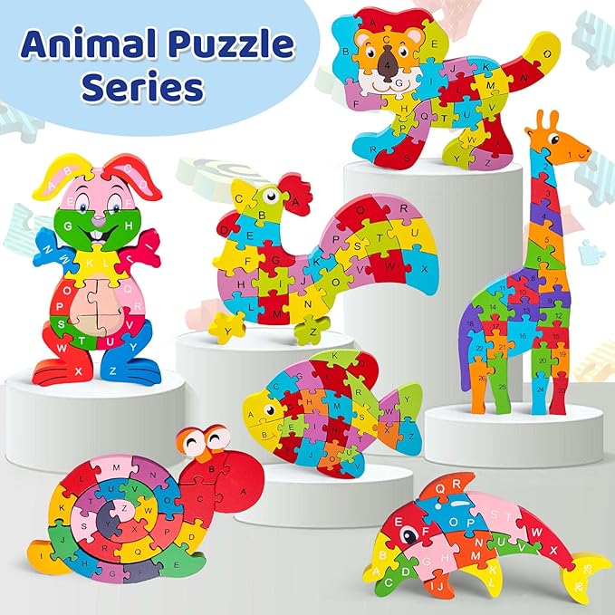 LovesTown Wooden Puzzles for Kids, Double Sided Dolphin Jigsaw with Alphabet & Numbers, Montessori Educational Toy for Toddlers, Chunky Animal Gift