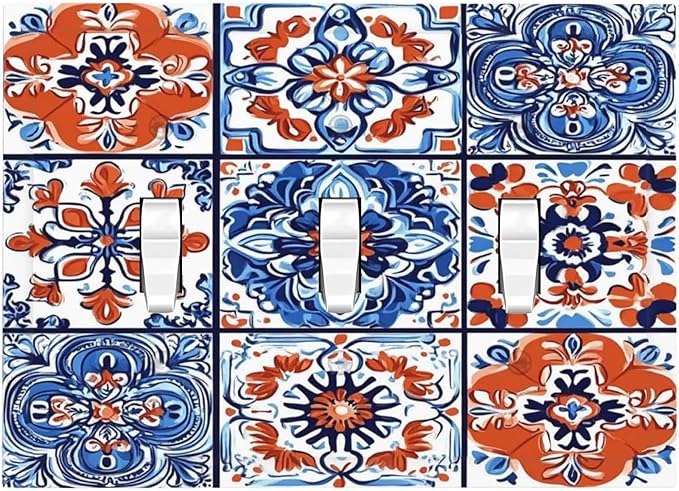 Decorative Switch Plates Colorful Talavera Mexican Tile 3 Gang Wall Plate Triple Toggle Light Switch Cover Faceplate Electrical Wall Panels For Bathroom Kitchen Decor
