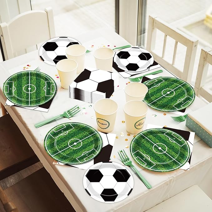 Qyeahkj 100 Pcs Soccer Party Plates and Napkins Set, Sports Birthday Party Supplies, Soccer Ball Disposable Paper Dessert Cake Dinnerware Tableware, Serves 25